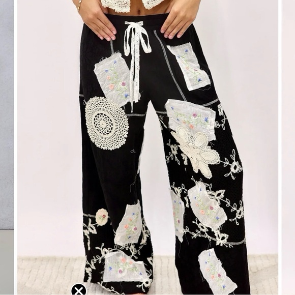 NWOT POL black patchwork relaxed cotton wide-leg pants /crochet and embroidered - Picture 3 of 13